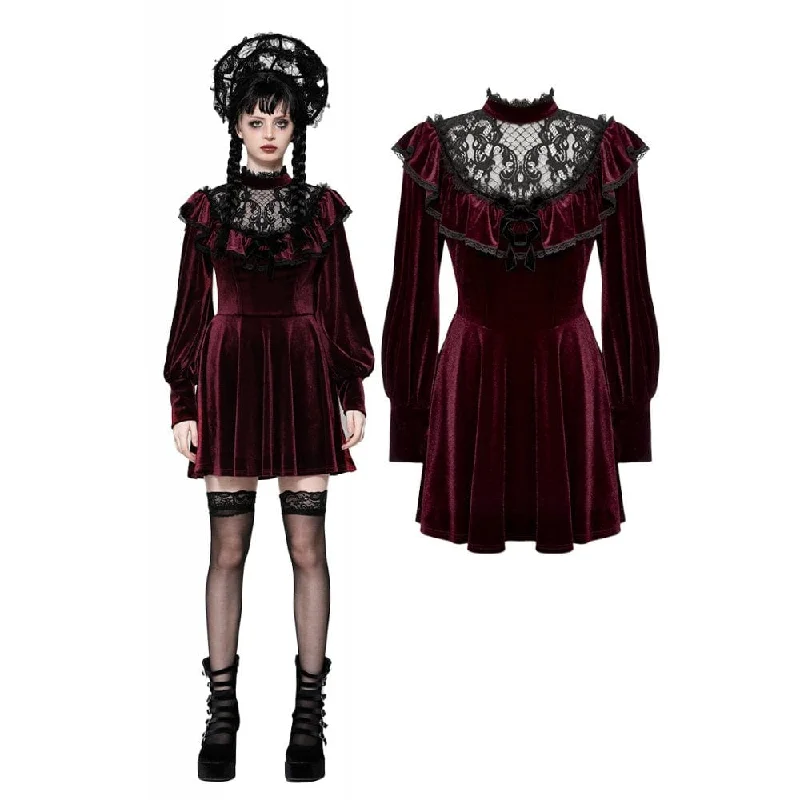 Women's Gothic Crochet Velvet Dress Red Traditional Women's 