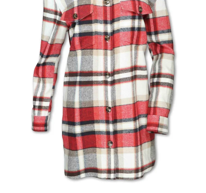 Plaid Shirt Jacket In Red Refined Women's Hand - crafted