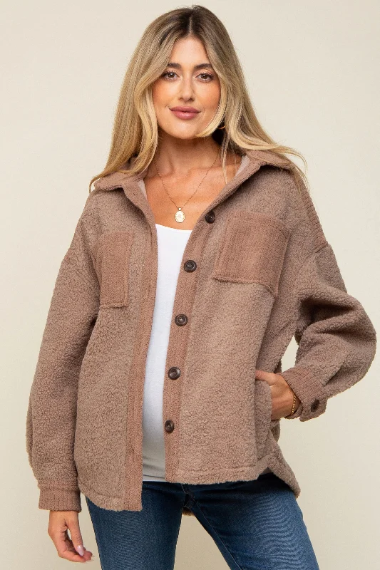 Mocha Colorblock Fleece Maternity Shirt Jacket Minimalist Women's Casual