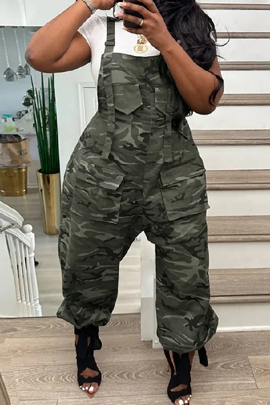Stylish Camo Print Flap Pocket Jumpsuit Athletic Women's High - 