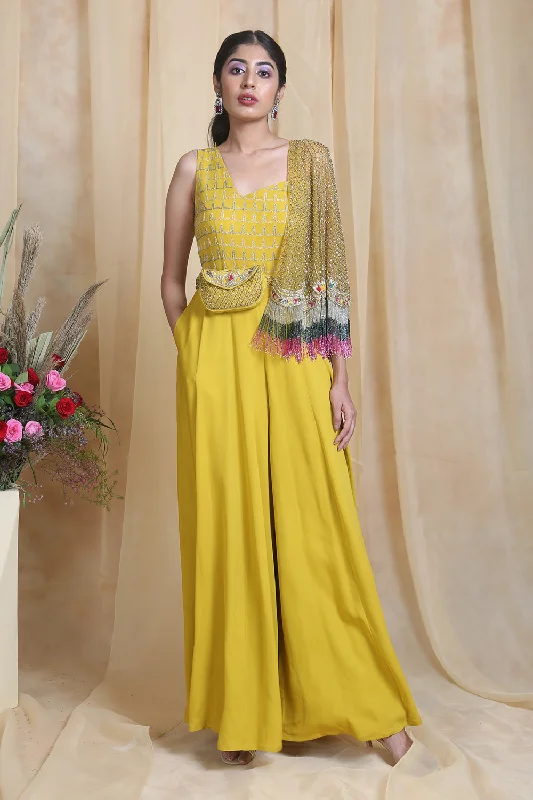 Yellow Half Cape Jumpsuit European