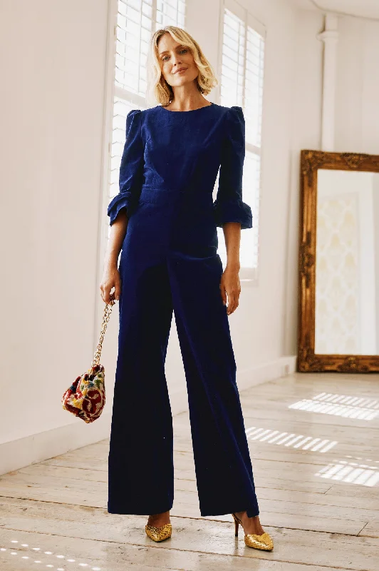 Victoria 3/4 Sleeve Stretch Corduroy Jumpsuit | Atlantic Blue Disco