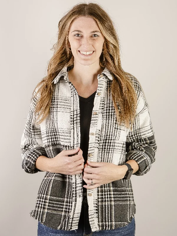 Ivory with Charcoal Mixed Plaid Shacket Sophisticated Women's Tailored