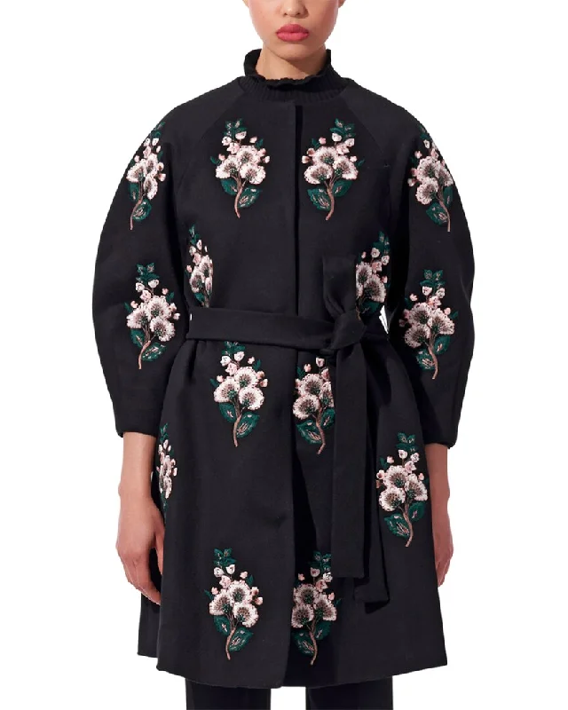 Carolina Herrera Embellished Silk-Trim Wool & Cashmere-Blend A-Line Coat Artistic Women's Hand - painted