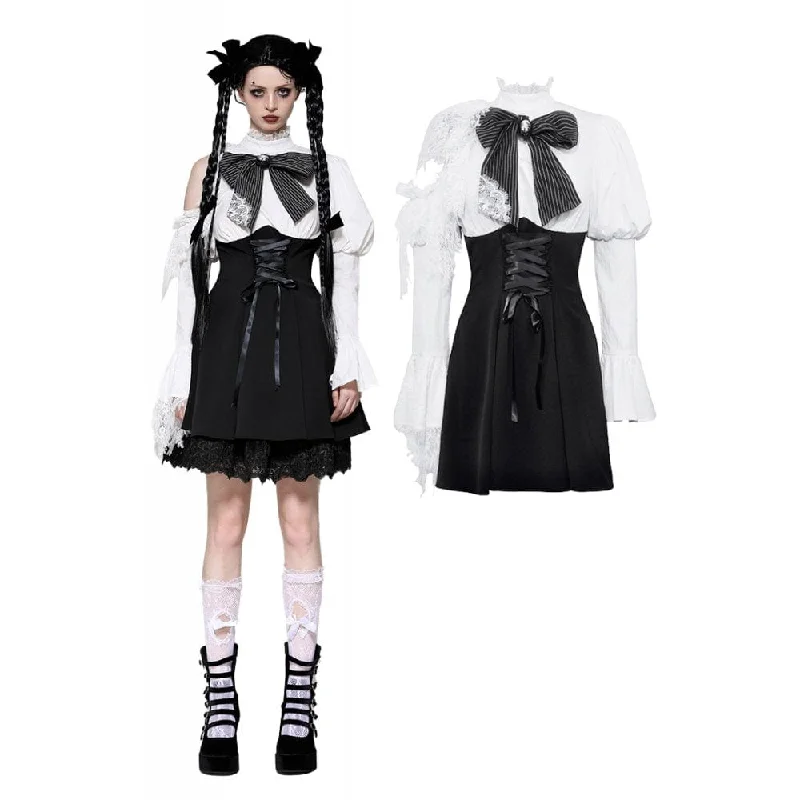 Women's Gothic Lolita Bowknot Short Dress Black White Trendy Women's Oversized