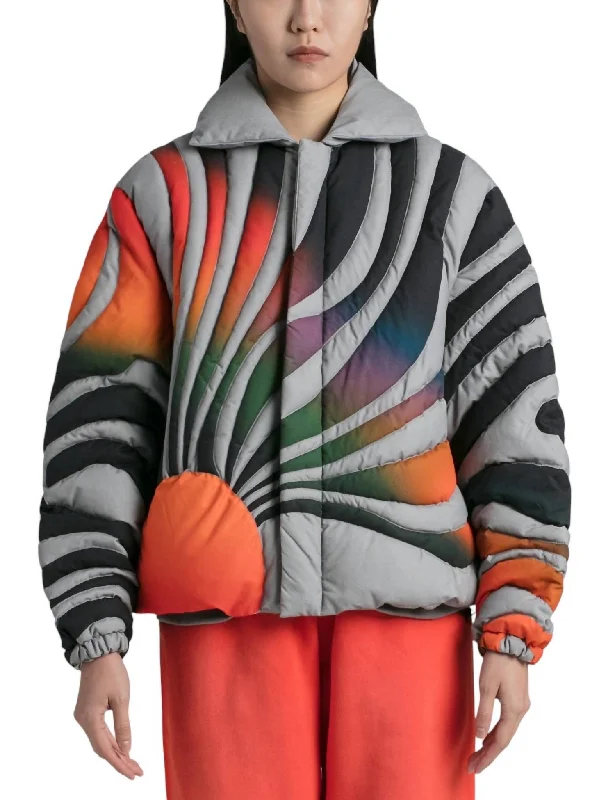 Sunset Puffer Coat In Grey And Orange Artistic Women's Hand - painted