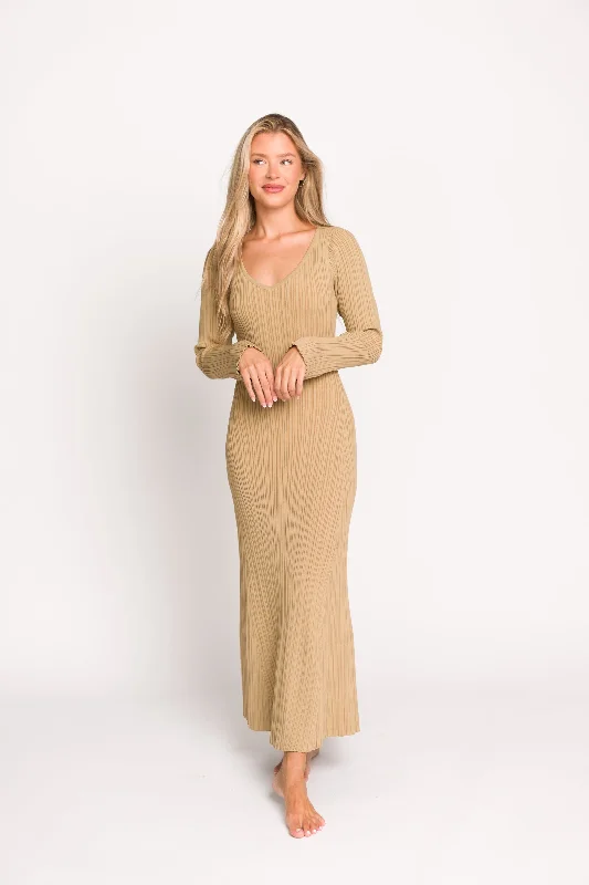 Keaton Knit Maxi Dress with V-Neckline in Beige Dapper Women's Bow - adorned