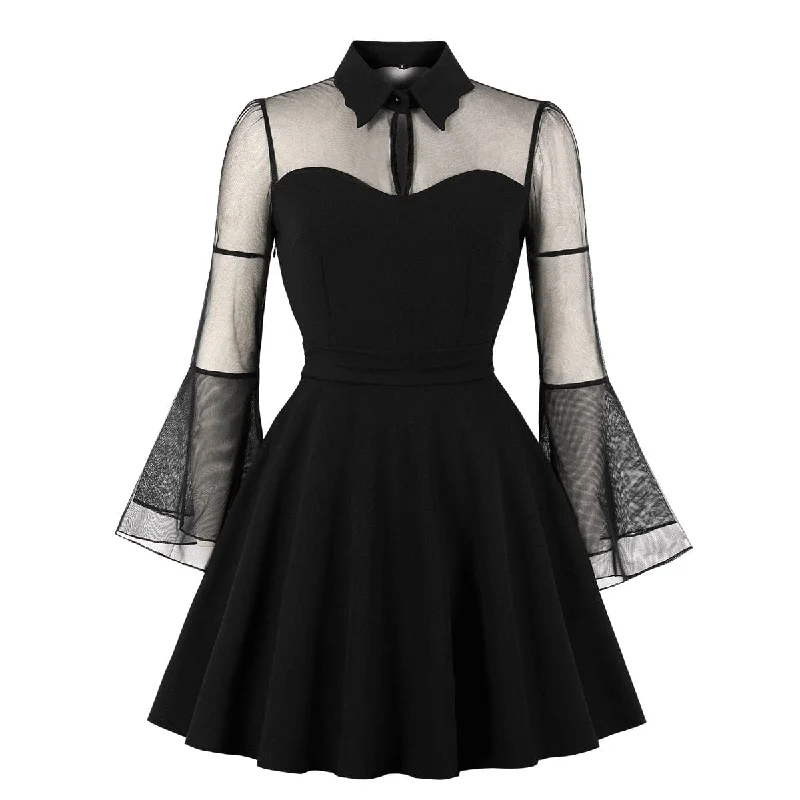 Women's Gothic Flared Sleeved Mesh Splice Grad Dress Dynamic Women's Moto