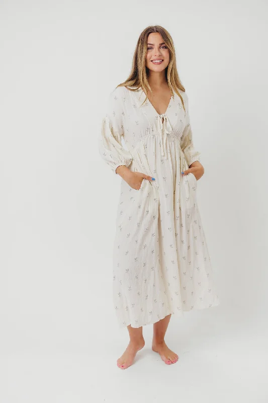 Hunter 100% Cotton Gauze Midi Dress in Soy/Sage Foliage - Bump Friendly and Inclusive Sizing Hip Women's Urban