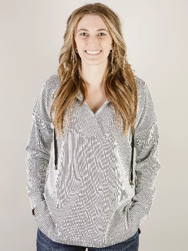 White and Black Ribbed Hooded Long Sleeve Sporty Women's Athleisure 