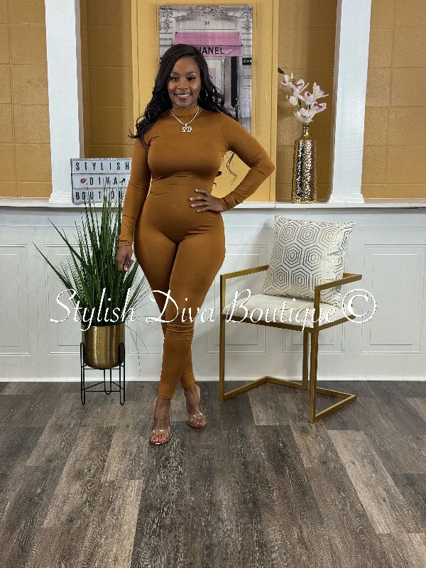 Eyes On You L/S Jumpsuit (Dark Camel) Trendy Women's Oversized