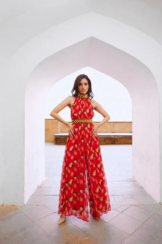 Gulbahar Chilly red bell jumpsuit with belt Elegant Women's 