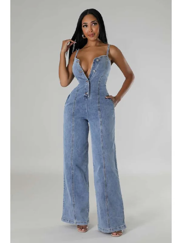 Sleeveless Denim Buckle Wide Leg Jumpsuits Bold Women's Animal Print