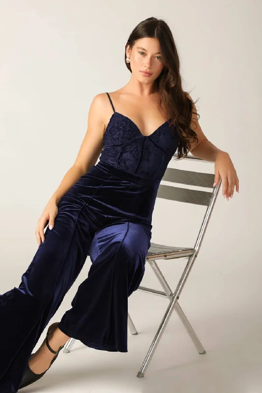 GLEAMING GLAM WOVEN LACE VELVET JUMPSUIT Compression