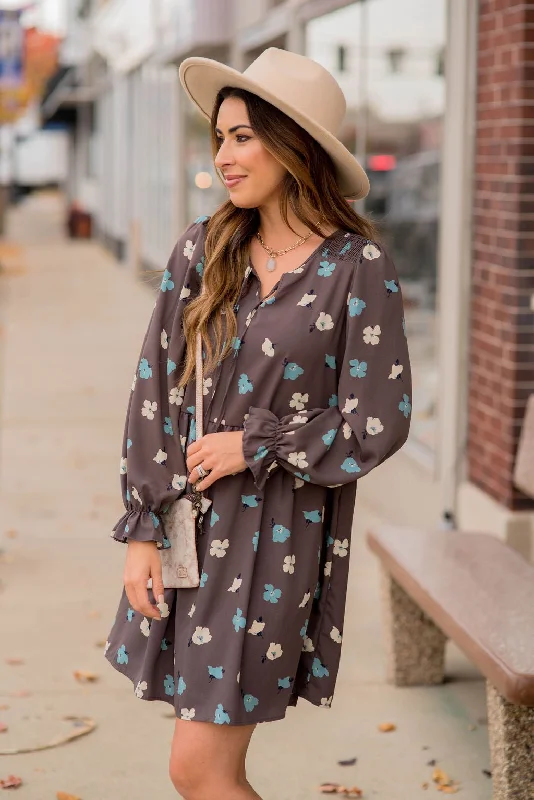 Blossoms Ruffle Long Sleeve Dress Cozy Women's Sherpa - lined