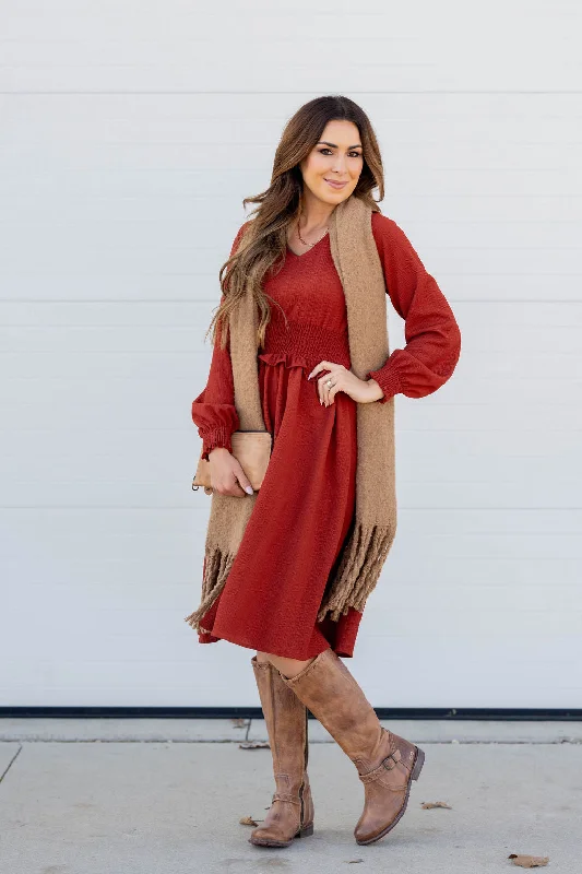 Cinch Accented Long Sleeve Dress Refined Women's Hand - crafted