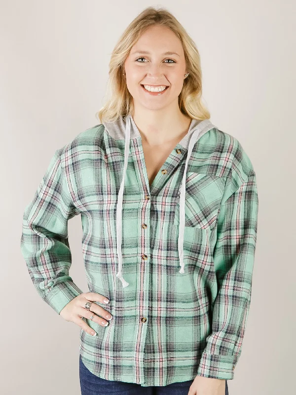 Green Plaid Hooded Button Up Sporty Women's Athleisure 