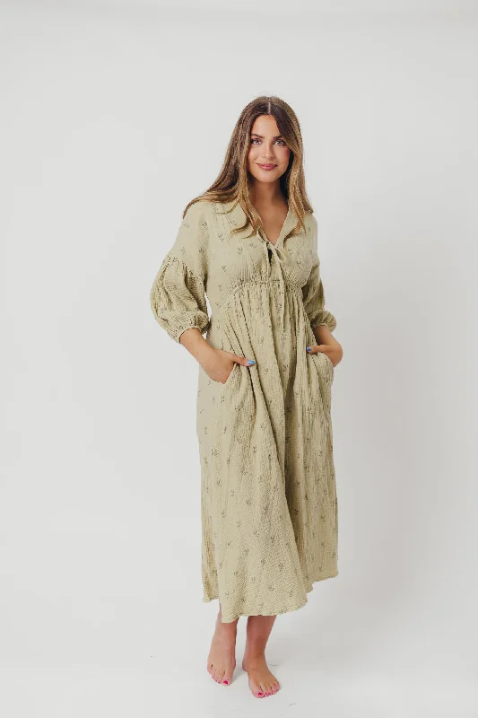 Hunter 100% Cotton Gauze Midi Dress in Thyme/Sage Foliage - Bump Friendly and Inclusive Sizing Classic Women's Tweed