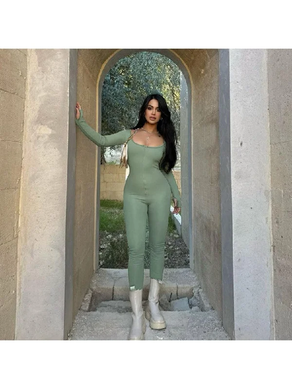U Neck Long Sleeve High Rise Jumpsuits Laid - back Women's Vibe