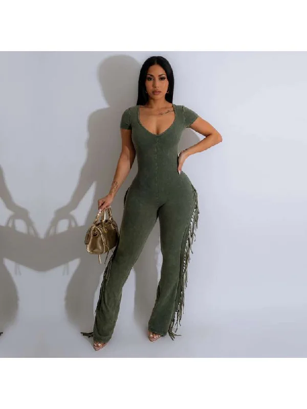 Fringe Bodycon Short Sleeve Jumpsuits Youthful Women's Pop