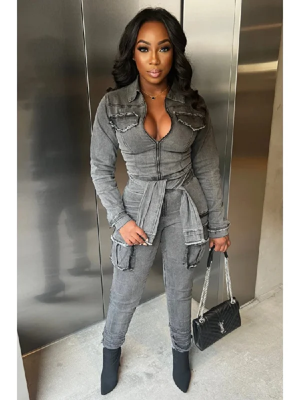 Fuzzy Trim Denim Bandage Zipper Jumpsuits Refined Women's Classic 