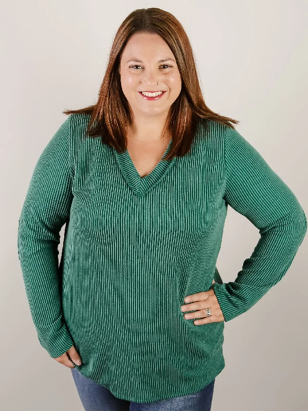 Curvy Hunter Green Ribbed Vneck Long Sleeve Hip Women's Retro