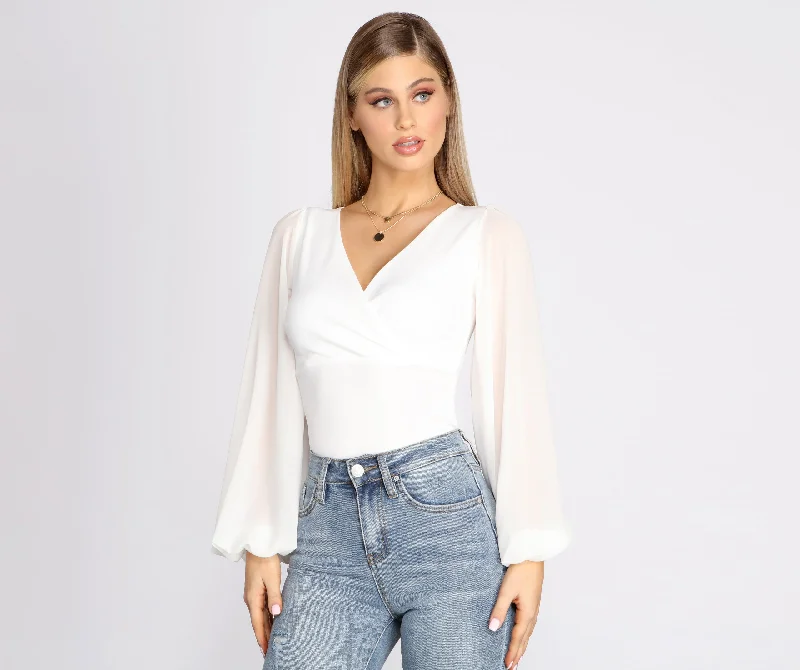 Classic Chiffon Sleeve Wrap Front Blouse Athletic Women's 