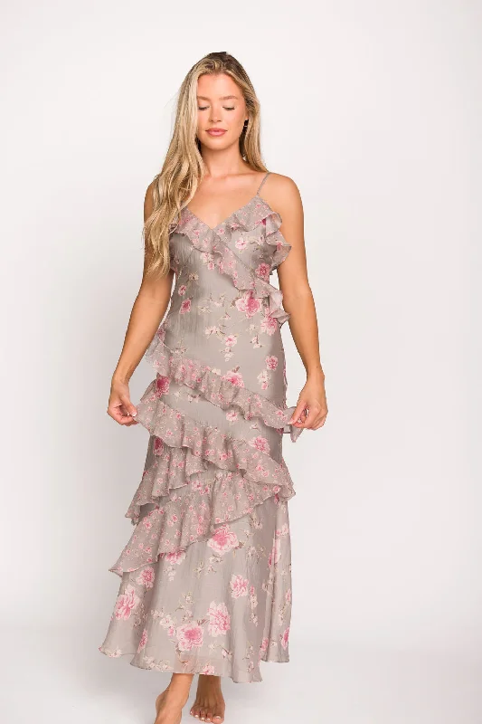 Amelia Ruffle Maxi Dress in Grey/Pink Floral Cool Women's Skate