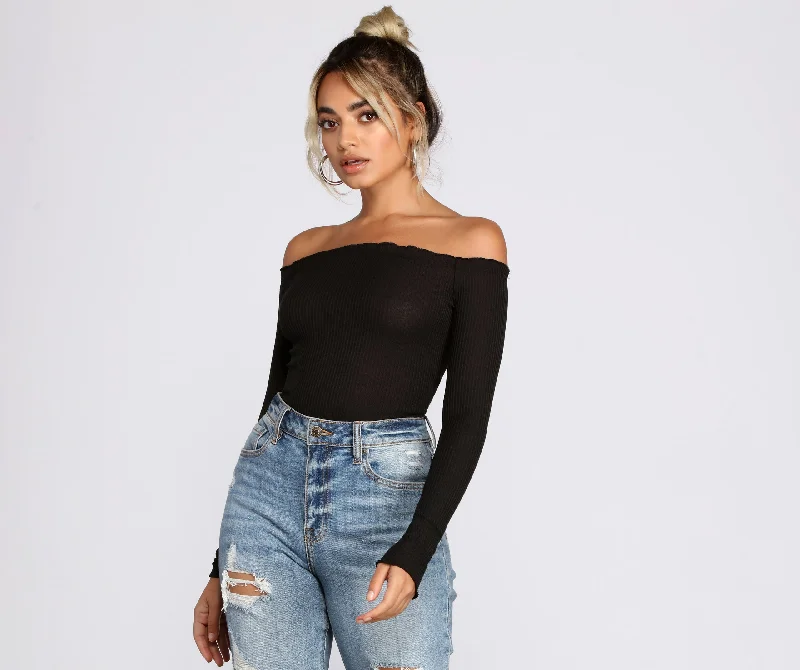 Off The Shoulder Ribbed Knit Top Preppy Women's College