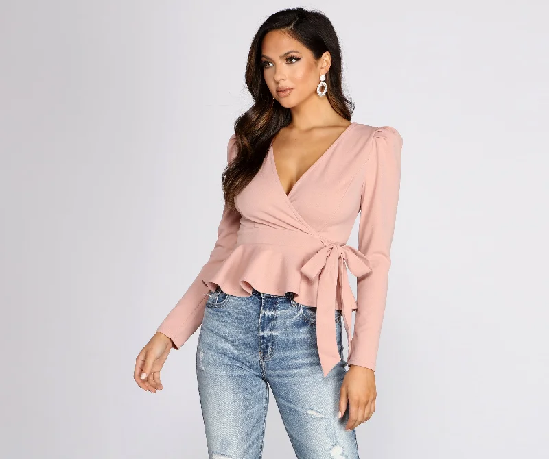 Poised Peplum Wrap Front Top Traditional Women's 