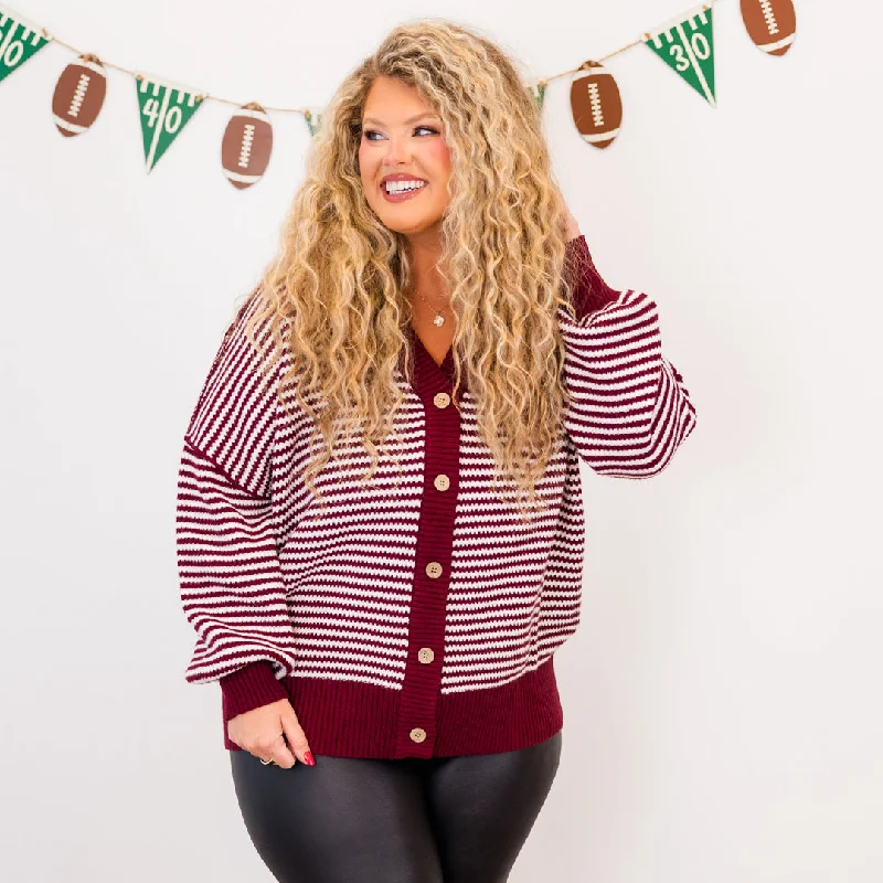 Snuggly Stripe Button-Up Sweater, Crimson-Ivory Hip Women's Urban