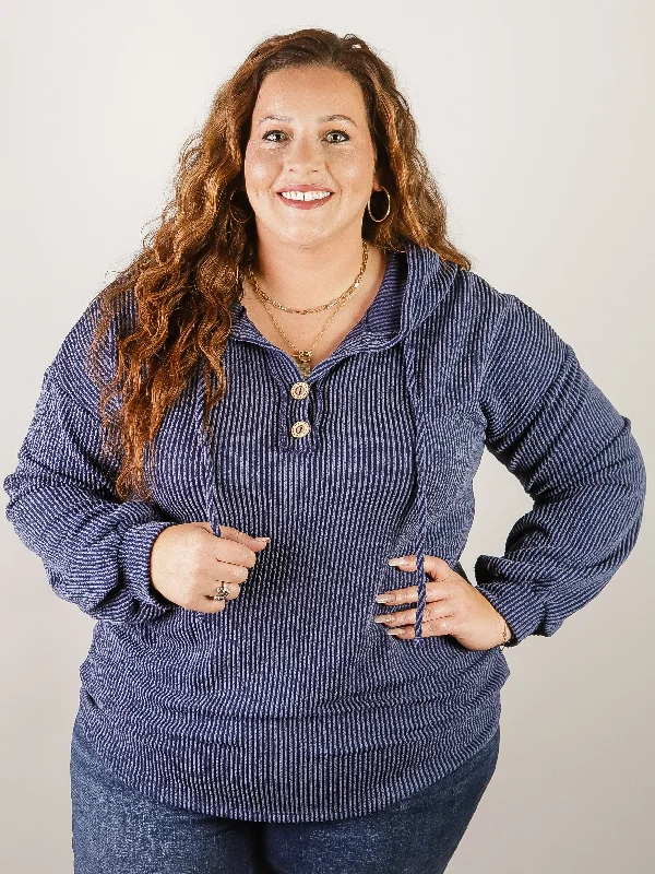 Curvy Navy Ribbed Hooded Top Cozy Women's Sherpa - lined