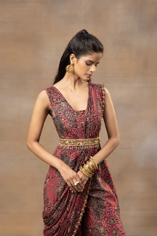 Pink Printed Jumpsuit, Drape And Belt With Embroidery Elegant Women's Formal 