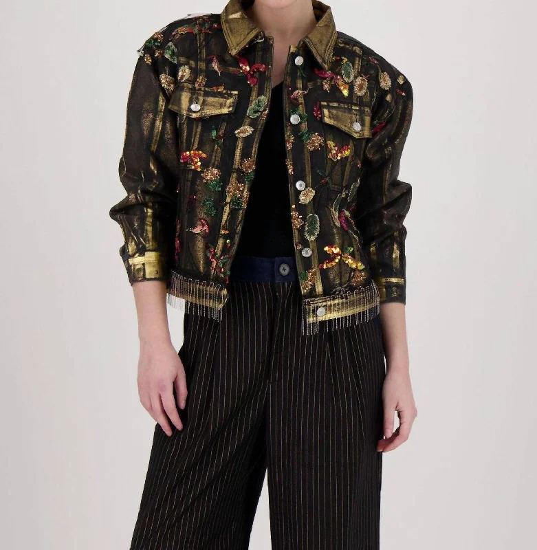 Embroidered Denim Jacket In Black Denim Women
