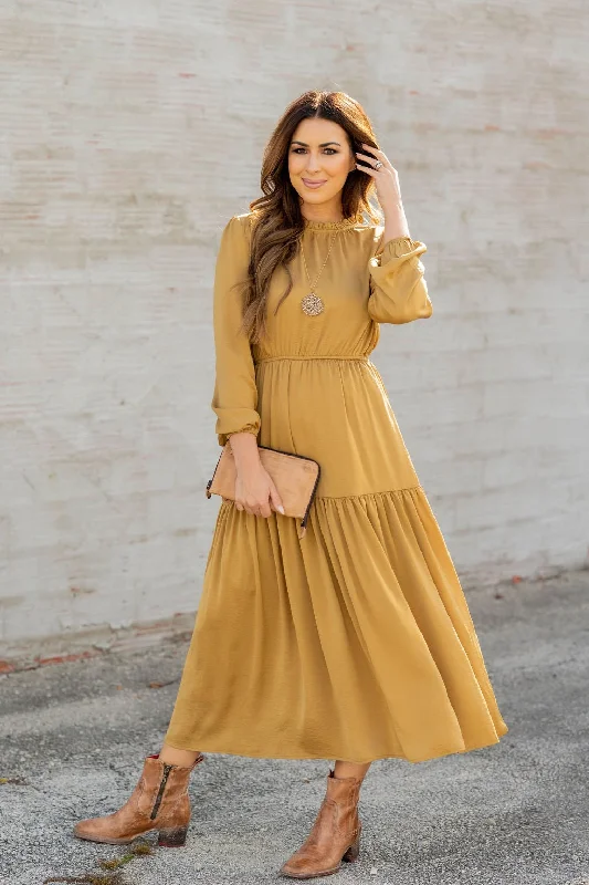 Elegant Tiered Long Sleeve Maxi Dress Dapper Women's Bow - adorned