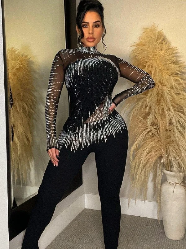 Solid Color Rhinestone Long Sleeve Long Pants Jumpsuit Elegant Women's 