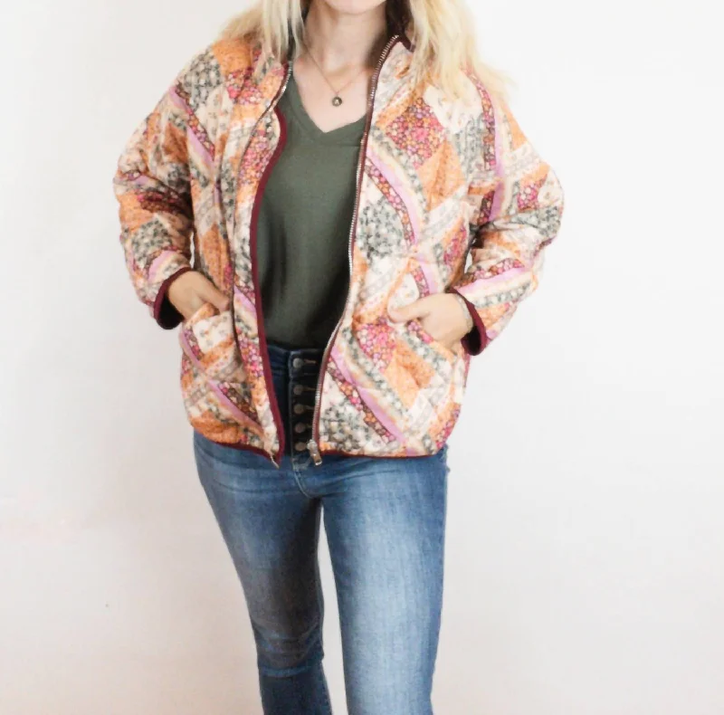 Patch Print Quilted Jacket In Pink Stylish Women's Tropical 