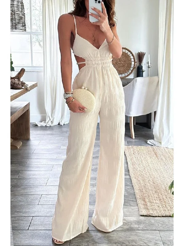 Solid Color Backless Spaghetti Straps Jumpsuits Cool Women's Distressed