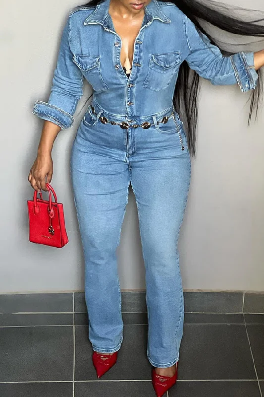Casual Single Breasted Light Washed Denim Jumpsuits Elegant Women's 