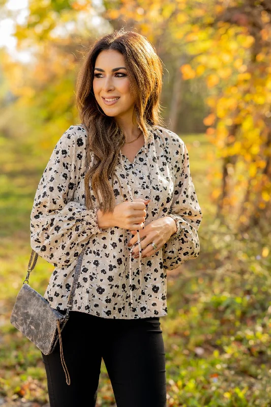 Floral Cinched Trim Tie Blouse Scandinavian