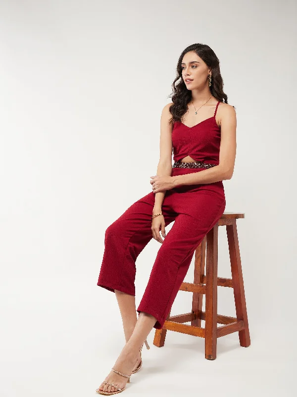 Solid Strappy Sequin Detail Jumpsuit Traditional Women's Wool