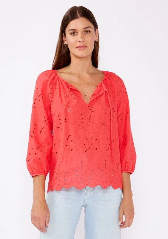 Raglan Eyelet Long Sleeve Blouse Top Polished Women's Silk