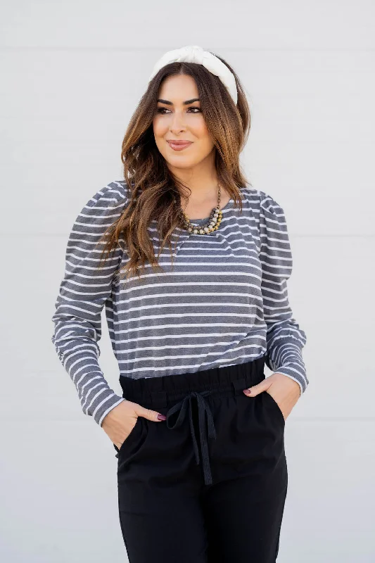 Heathered Stripes Gathered Shoulder Tee Polished Women's Silk