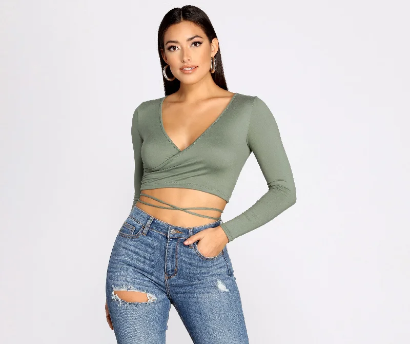 Brushed Knit Wrap Front Crop Top Contemporary 