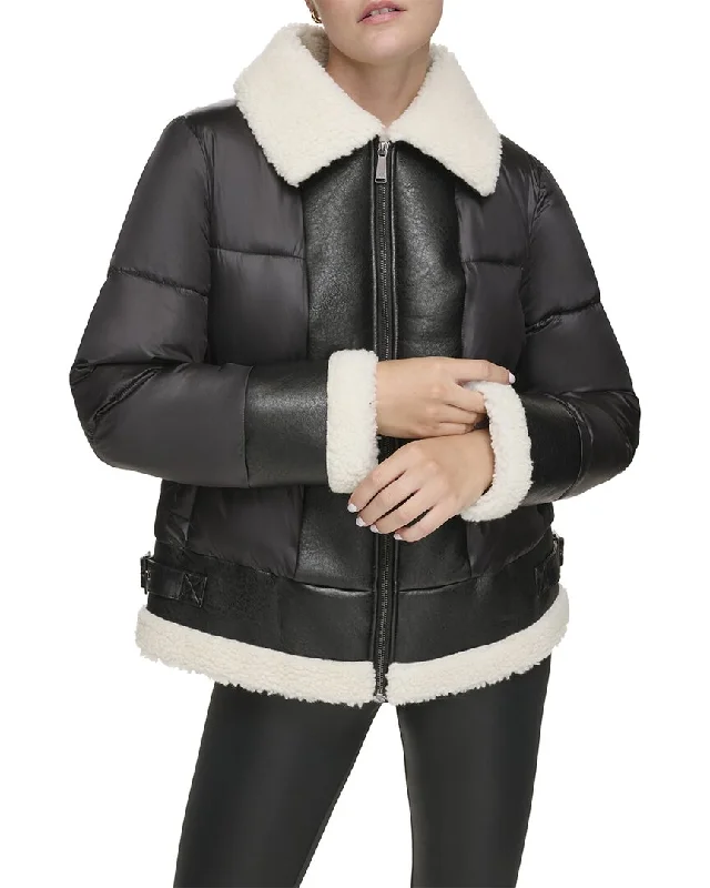 Marc New York womens Andrew Marc Mixed Puffer Jacket, XL Classic Women's Pin - striped