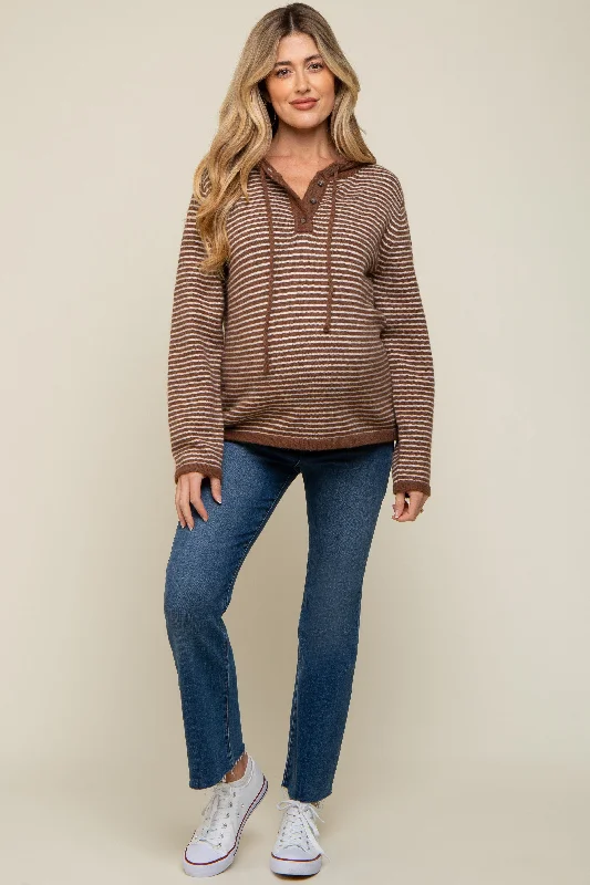 Mocha Striped Drawstring Hooded Maternity Sweater Dynamic Women's Moto