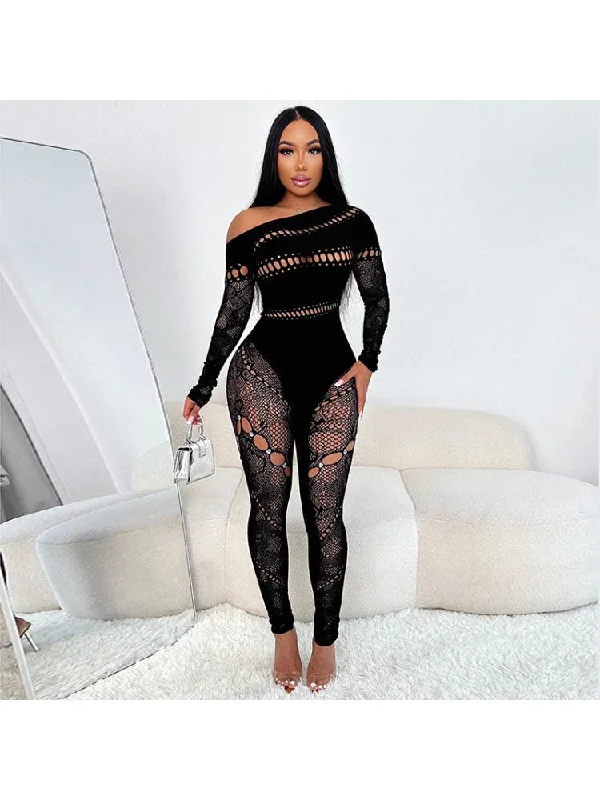 Embellished Sheer Inclined Shoulder Jumpsuits Cozy Women's Winter