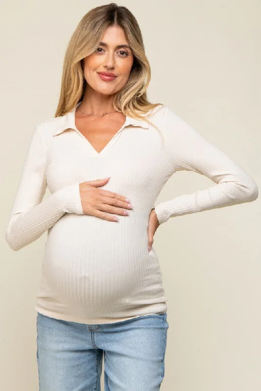 Cream Ribbed Collared Long Sleeve Maternity Top Contemporary 