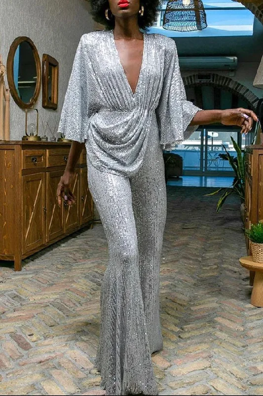 Shiny Sequin Deep V Neck Jumpsuit European