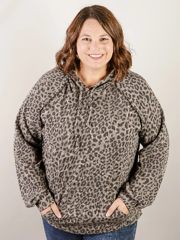 Curvy Charcoal Long Sleeve Animal Print Hooded Top Polished Women's Silk